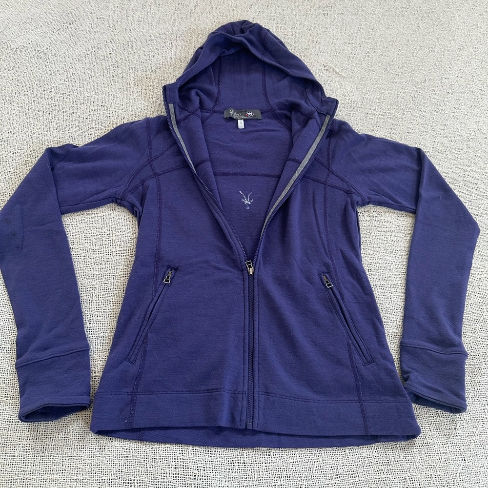 Ibex purple hooded full-zip thin sweater jacket, Rambouillet wool, small to med